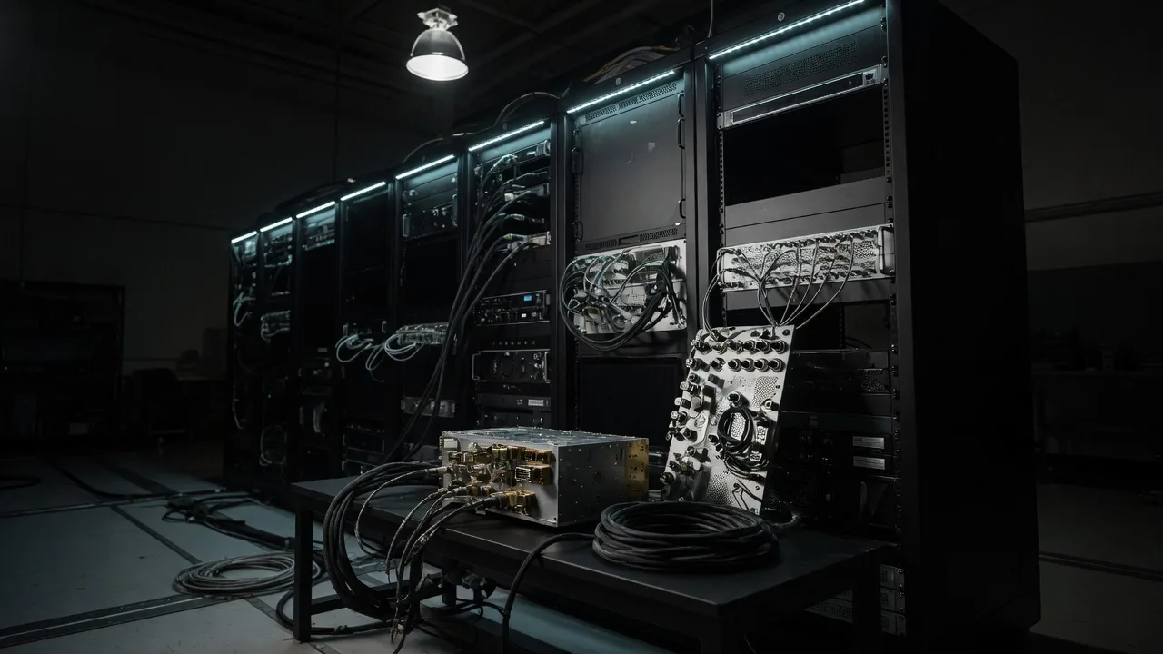 A hardware-in-the-loop test bay at night: a rack of test equipment and an avionics unit on the bench